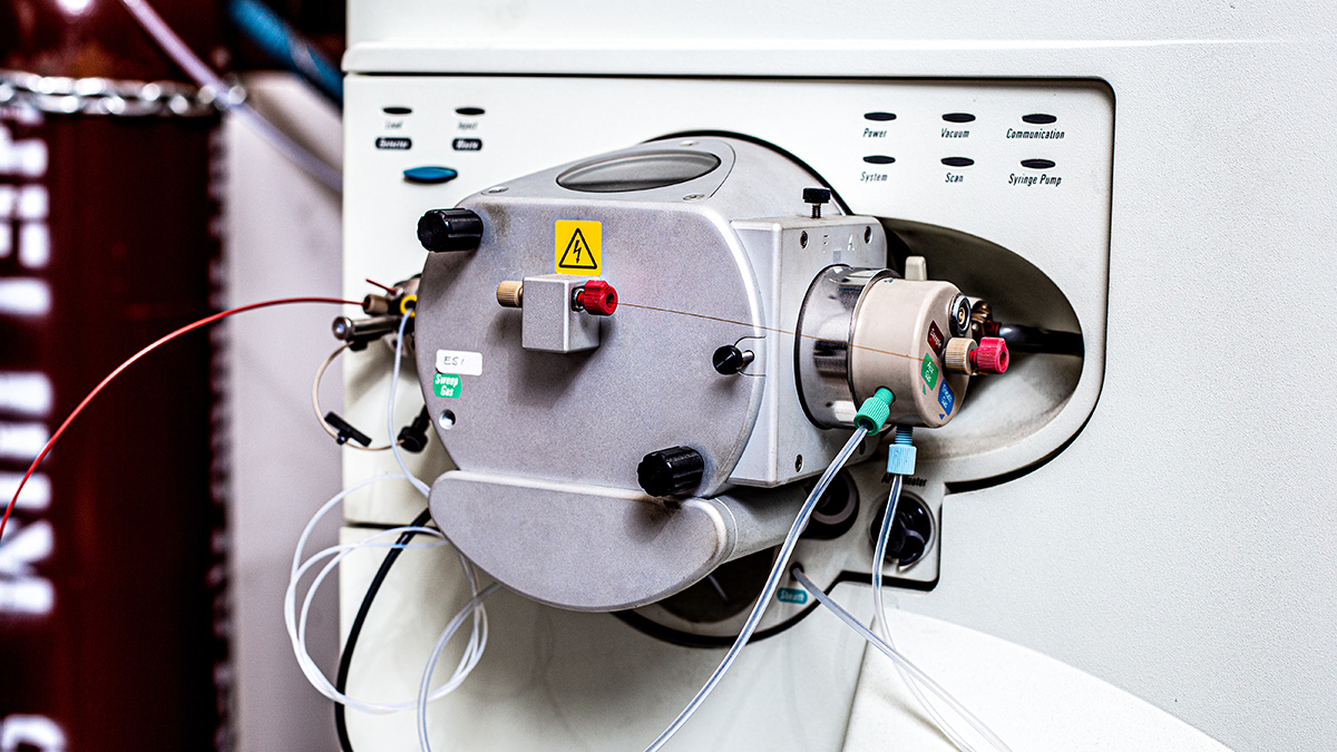 Close-up of an LC-MS/MS instrument's API source used for EPA Method 1633 PFAS analysis