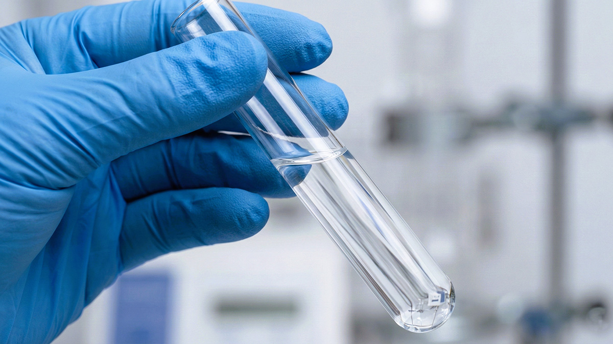 Gloved hand holding a test tube of clear water in a laboratory. EPA advises private well owners to test through state-certified laboratories using EPA-developed methods.