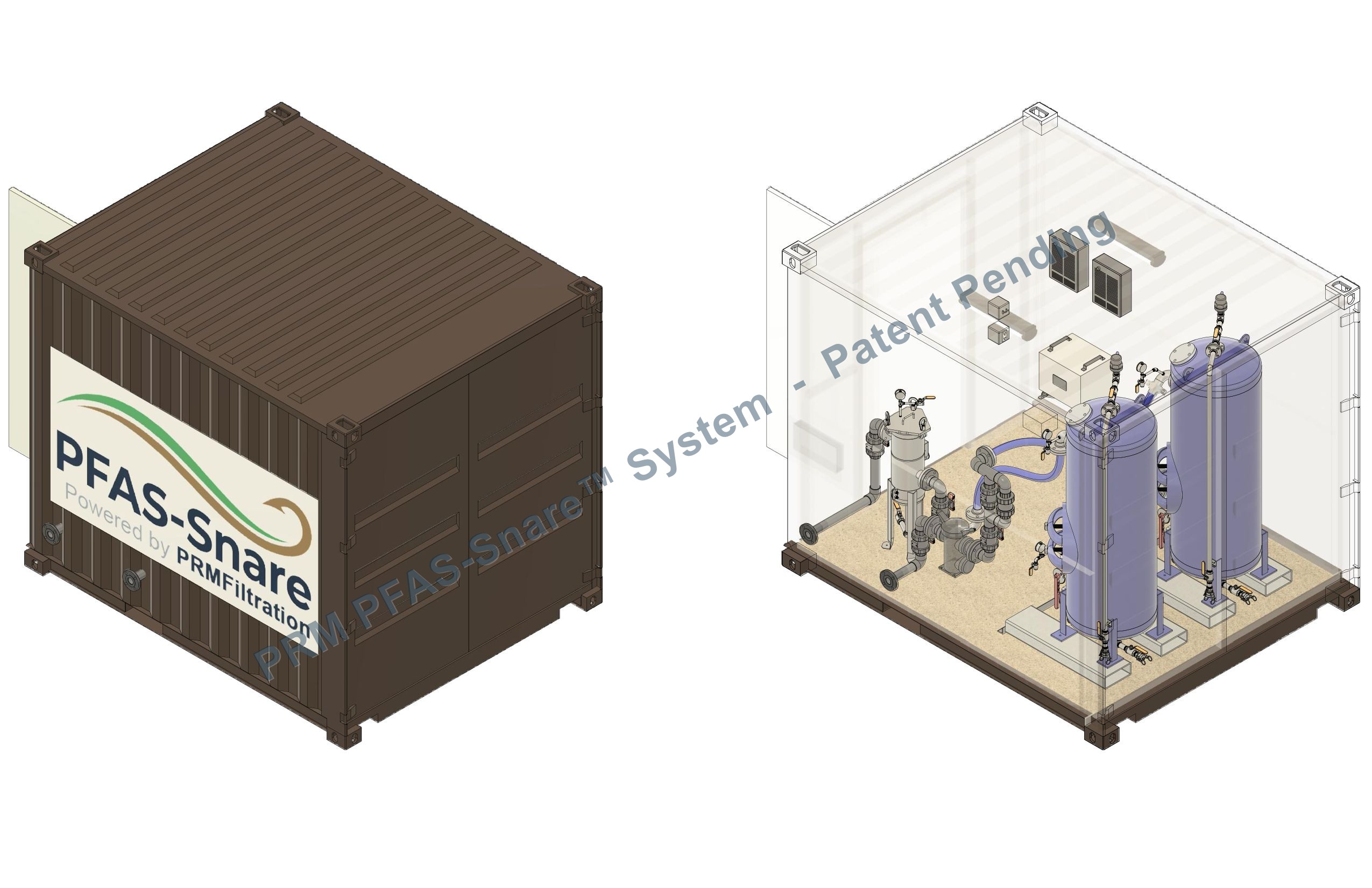 3D render of the PFAS-Snare branded enclosure exterior next to a transparent view of the interior layout, showing the media vessels and piping arranged inside the container.
