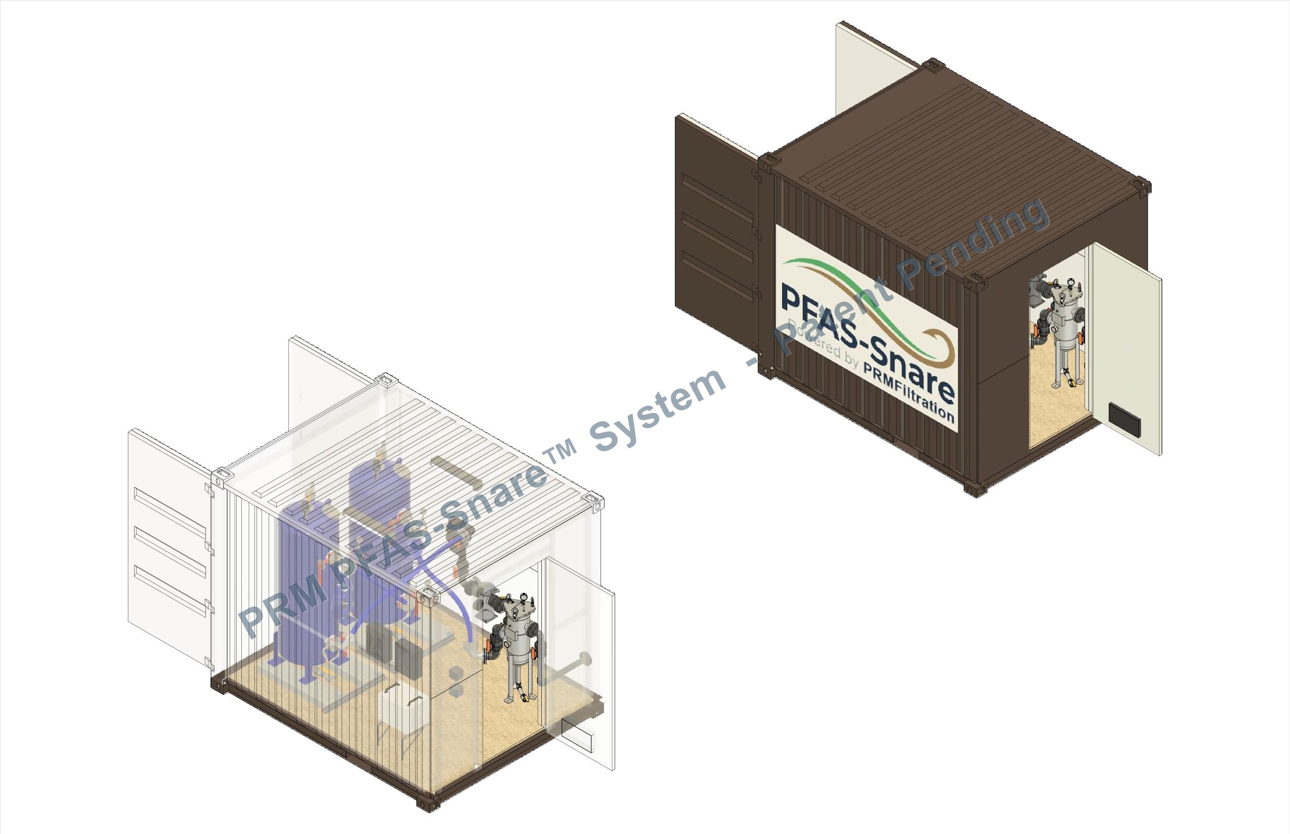 3D render of the patent-pending PFAS-Snare containerized water treatment system, showing the branded enclosure and a cutaway of the internal treatment train