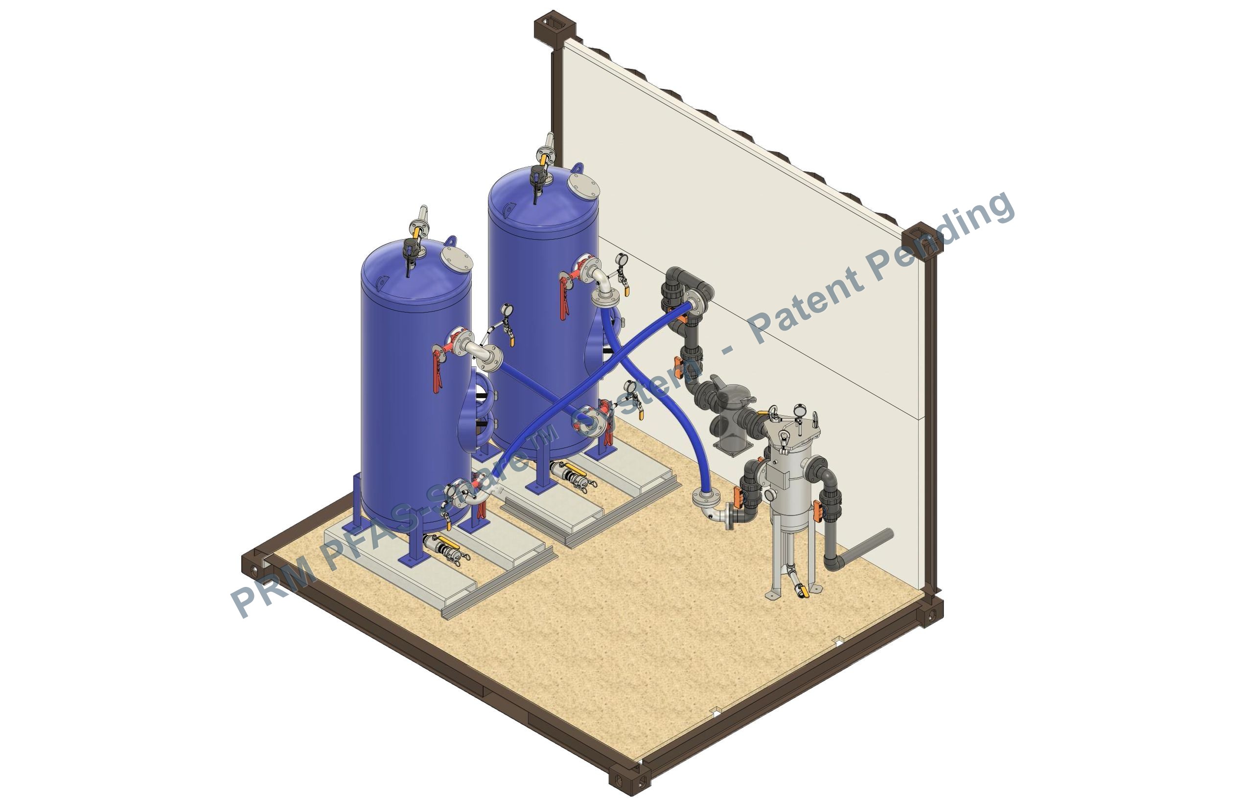 3D isometric cutaway render of the PFAS-Snare internal treatment train, showing the lead and lag media vessels, connection hoses, and inlet filter housing inside the enclosure.